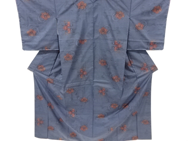 草花に源氏車模様織り出し本場泥大島紬着物(5マルキ)